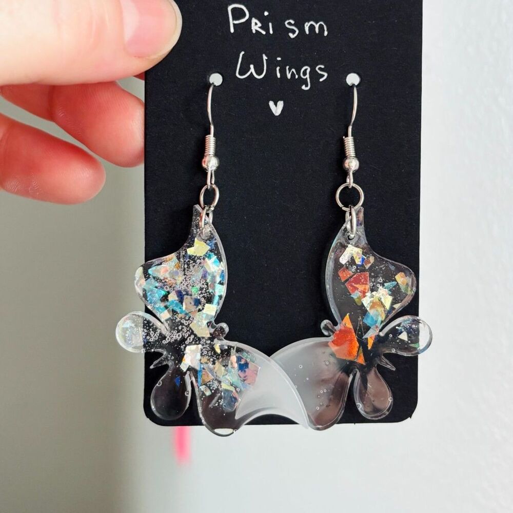 Butterfly Resin Earrings, Clear Iridescent Dangles with Rainbow Flakes